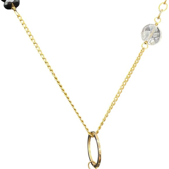 Quartz Stone Black Beaded Wire Pendant Y Drop Chain Necklace Gold Tone - Picture 4 of 8